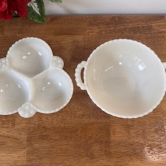 Vintage Hobnail Milk Glass Bowl and Divided Dish Set – Creamy White Textured Gla - Picture 4 of 4